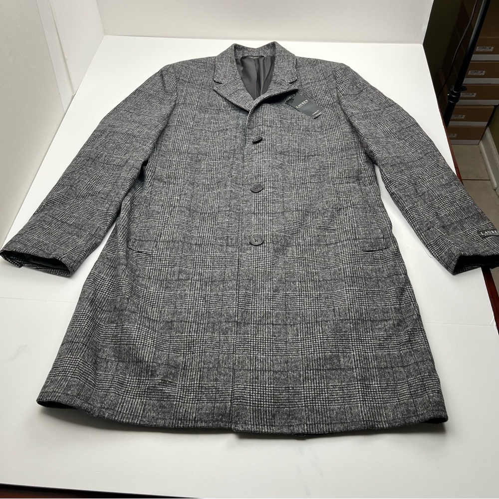 Lauren Ralph Lauren Luther‎ Luxury Blend Glen Plaid Overcoat Black White 42R NEW